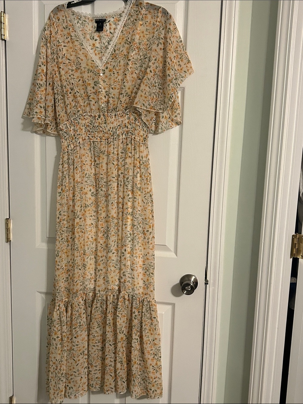 Women's Yellow Floral Maxi Dress with Lace Trim